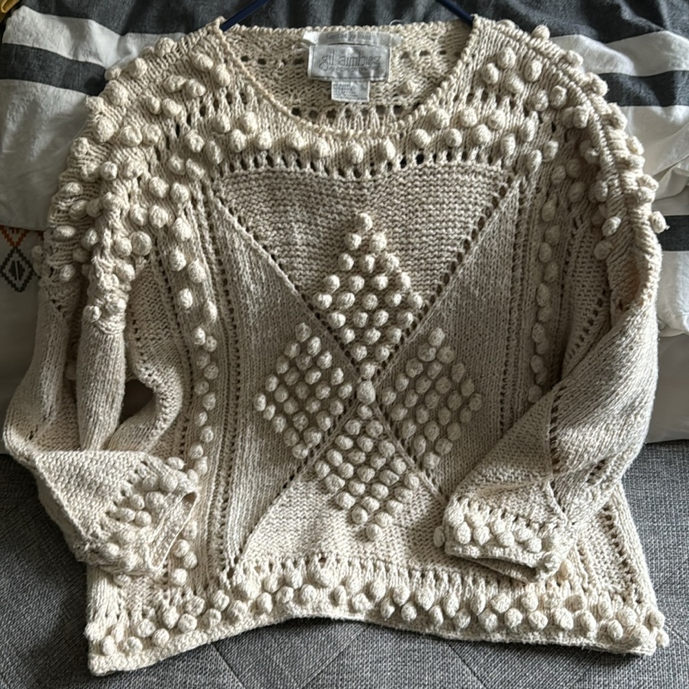 Hand knitted 80s cream sweater vintage crochet silk wool 
Farmhouse 
Crochet